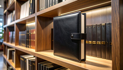 Premium Black Leather Journal On Retail Shelf Luxurious Sheen Highlight