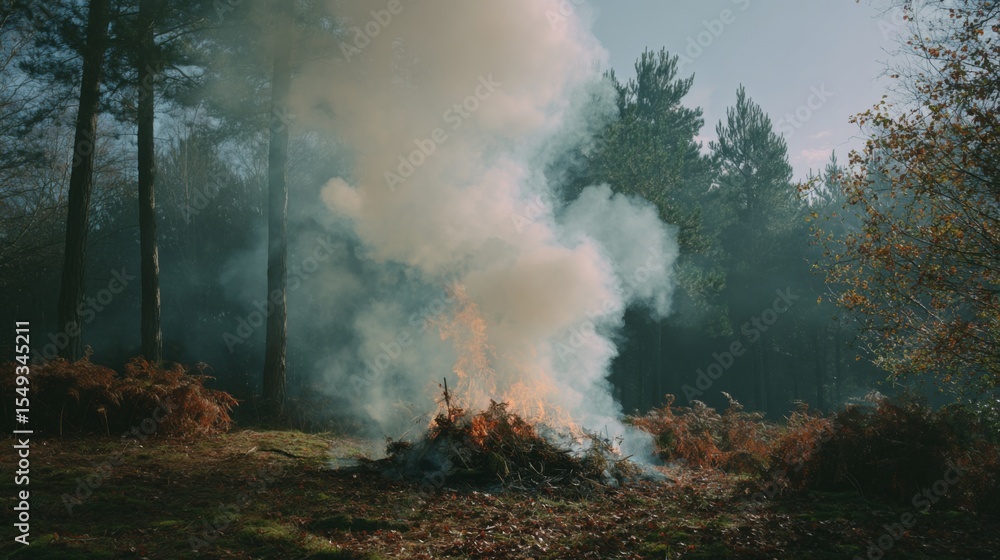 Poster smoke rising from a pile of leaves burning in a forest clearing, with trees surrounding the scene an