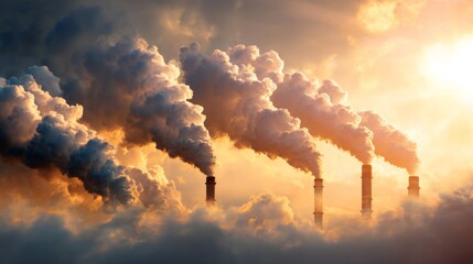 Obraz premium Smoke billowing from industrial smokestacks into a hazy, polluted sky, with dark clouds and sunlight struggling to break through, symbolizing pollution