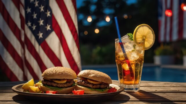 Two burgers and a cocktail with american flags in the background on a wooden table at night time