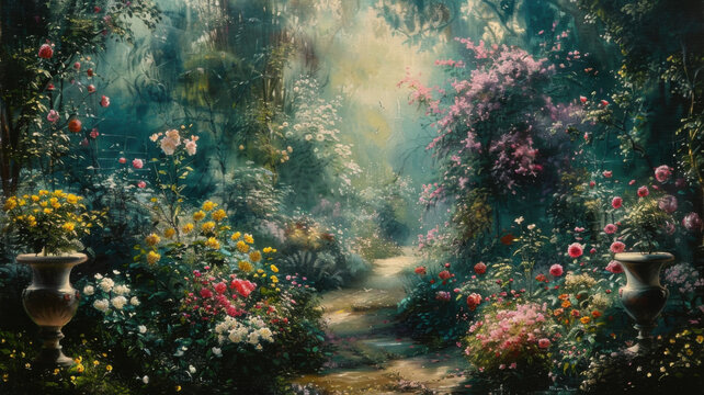 Path leading to misty garden. Colorful impressionistic painting of a garden. Vibrant colorful flowers and lush plant growth.