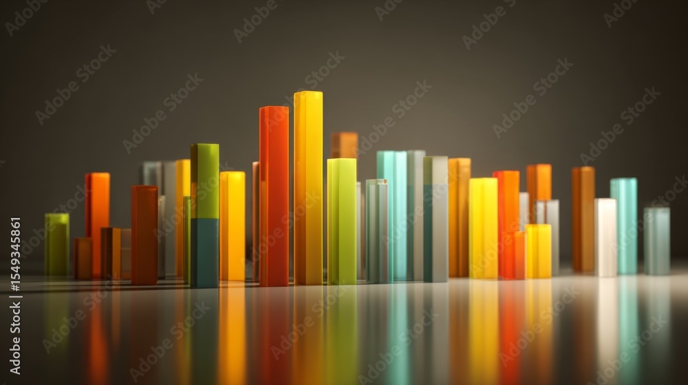 Poster Vibrant D bar graph with colorful bars in various heights on a reflective surface, casting soft shadows, showcasing data analysis in a modern style