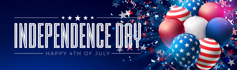 Fourth of July Independence Day Sale Banner Design with American Flag Pattern Party Balloon on Blue Background. 4th of July USA National Holiday Vector Illustration with Typography Elements for Banner