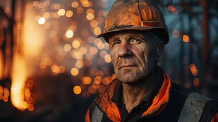 A portrait of an older experienced worker in a hard hat at a heavy industry factory.