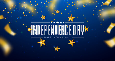 Naklejka premium Fourth of July Independence Day of the USA Vector Banner Illustration with Gold Star and Typography Letter on Falling Gold Confetti Background. 4th of July National Celebration Design for Flyer
