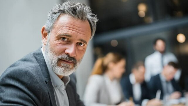 Confident Leader: An executive, displaying an air of seasoned expertise and resolve, gazes at the viewer with unwavering eyes. In the background.