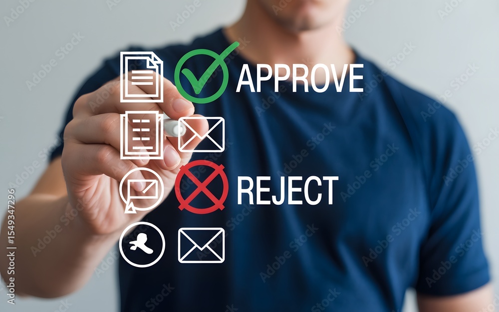 Poster approving and rejecting concepts depicted through illustrated icons and a digital interface