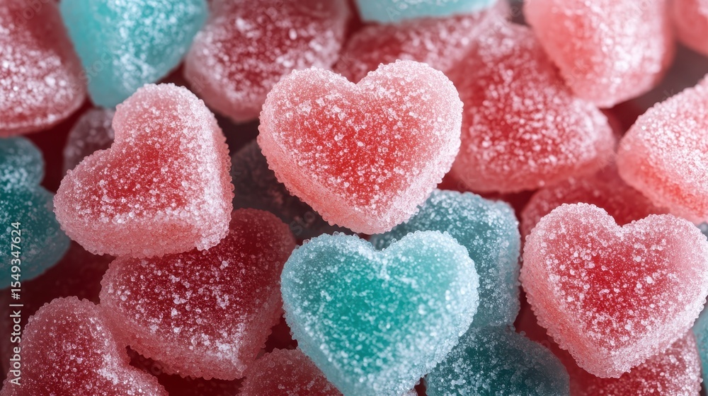Poster an array of heart-shaped candies in pink and blue hues, dusted with sugar, creating a delightful and