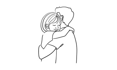 Brother and sister hugging, continious line drawing. Summer holidays outline. Vector illustration