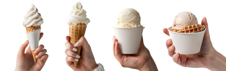 Mockup hand holding plain white ice cream with waffle in soft serve cone and cup style isolated on a transparent background for product presentation or design overlay.