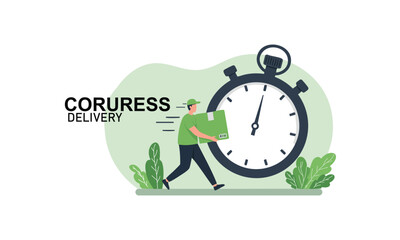 Dynamic Express Delivery Service Illustration with a Fast Courier Carrying a Package Alongside a Large Stopwatch, Symbolizing Speed, Efficiency, and Timely Shipping