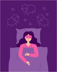 A young woman is sleeping in a bed with a sleep mask and dreams. illustration in a cartoon flat style.