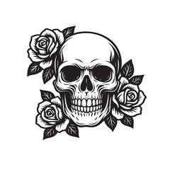 Vector illustration of a bold skull design with intricate roses and leaves.