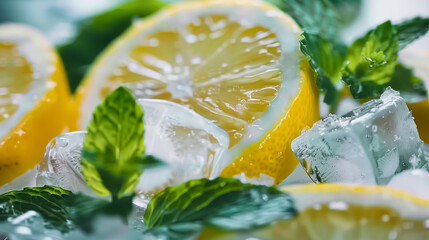 Macro Fresh Citrus and Mint: Close-Up of Textured Lemon Slices, Glossy Ice Cubes, and Fragrant Mint Leaves in Soft Natural Light, Creating a Refreshing Summer Atmosphere