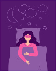 A young woman is sleeping in a bed with a sleep mask and dreams. illustration in a cartoon flat style.