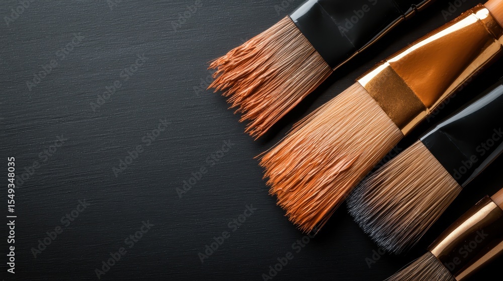 Poster an artistic display of paint brushes arranged neatly, revealing an array of colors and styles, highl