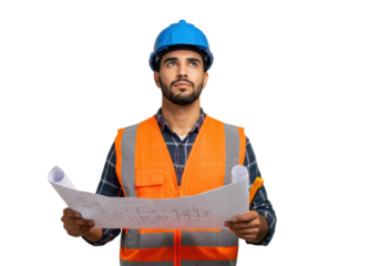 Isolated Construction Worker Inspecting Blueprint