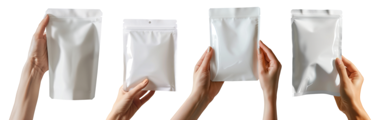 Mockup hand holding plain white zip top lock stand up bag without logo isolated on a transparent background for product presentation or design overlay.