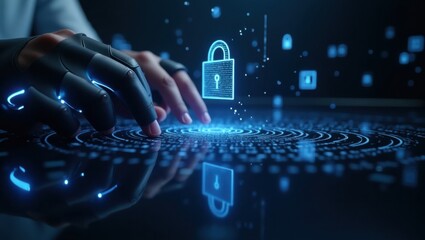 Manos organizando documentos digitales cifrados seguros en un espacio de datos 3D flotante, concepto de ciberseguridad