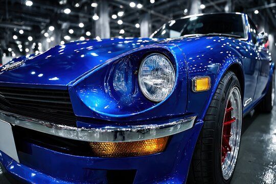 Close-up of a vibrant blue classic car