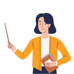 A smiling woman teacher with a pointer and a book in her hands in a cartoon flat style. The illustration is isolated on a white background.