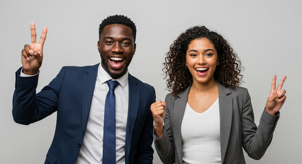 Excited diverse business team celebrating success with peace signs