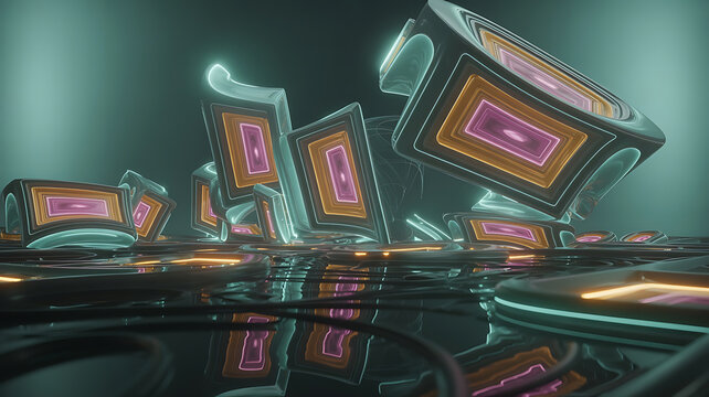 Abstract futuristic city, glowing structures, vibrant colors.