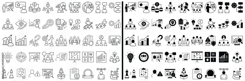 Poster business icon set: a comprehensive array of monochromatic business icons. a versatile set of detaile
