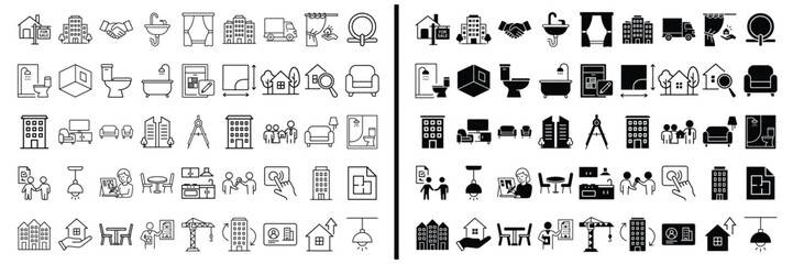 Collection of Minimalist Icons: A diverse set of minimalist icons, depicting various objects and symbols in both outline and filled styles, perfect for web design, app development.