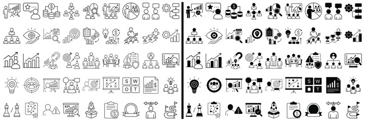 Business Icon Set: A comprehensive array of monochromatic business icons. A versatile set of detailed icons suitable for diverse business application, perfect for presentations, websites.