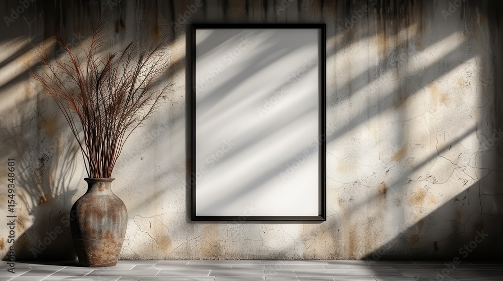 Poster an empty picture frame stands against a textured wall, illuminated by soft shadows, inviting the vie