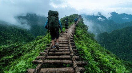 A group of hikers carrying backpacks trek along a scenic wooden bridge on a lush green mountain trail, embodying adventure and the spirit of exploration in nature.