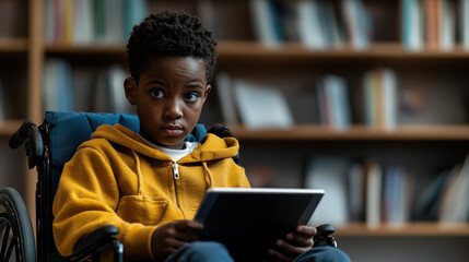 Multiracial Boy in Wheelchair Using AI Learning App With Eye-Tracking Interface in Inclusive School Setting