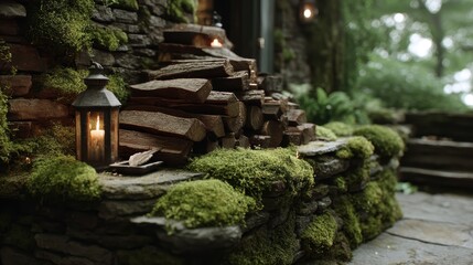 Fototapeta premium Warm stone hearth with stacked firewood, lantern and softly blurred mossy stone wall background