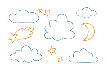 Set of cute childish hand drawn clouds, moon and stars outline vector icons with chalk, crayon or pencil texture isolated on white background.