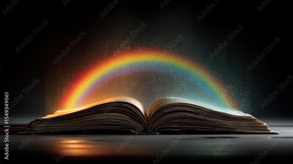 Poster open magical book illuminates with rainbow colors and emits light from its pages on a dark backgroun