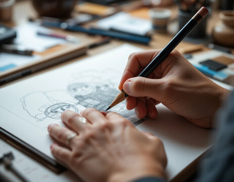 Close-up of hands sketching on paper with a pencil, blurred art supplies in background