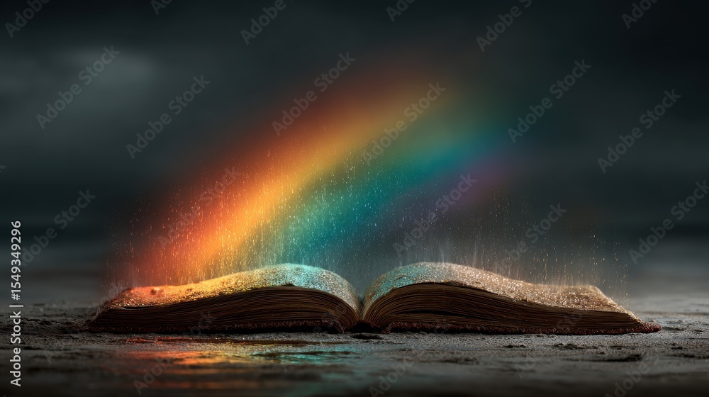 Poster open magical book illuminates with rainbow colors and emits light from its pages on a dark backgroun