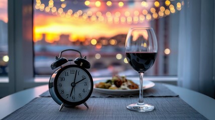 Sunset Dinner Time: A Romantic Evening with Wine and Scenic City Lights