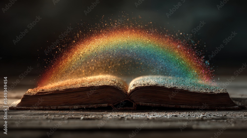 Poster Open magical book illuminates with rainbow colors and emits light from its pages on a dark background