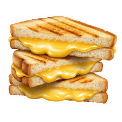 Three delicious grilled cheese sandwiches stacked high isolated on transparent background