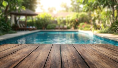 Wooden table top over a swimming pool