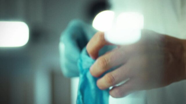 A health professional wears blue gloves as they prepare for a patient examination in a clinic. The focus emphasizes hygiene and safety measures taken in healthcare settings