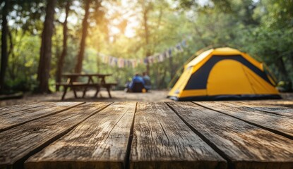 Rustic wooden table in a forest campsite