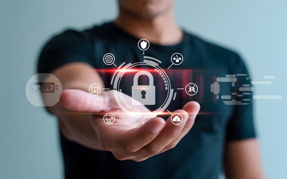 Businessman presenting digital cyber security protection and data privacy concept with lock icon