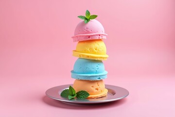Colorful ice cream and fruit dessert with macaroons on a white background