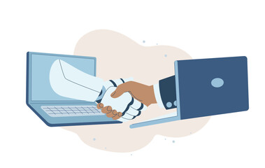 Handshake of man and robot, Robotic AI and businessman shaking hands, Online collaboration between humans and artificial intelligence, Modern technology. Flat design vector illustration.