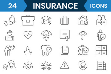 Insurance line icons vector set. Insurance editable line icons collection.  Life, car, house, care, money, Protection of health, car, home, travel insurance icons and more. Vector illustration.