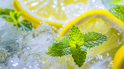 Macro Fresh Citrus and Mint: Close-Up of Textured Lemon Slices, Glossy Ice Cubes, and Fragrant Mint Leaves in Soft Natural Light, Creating a Refreshing Summer Atmosphere