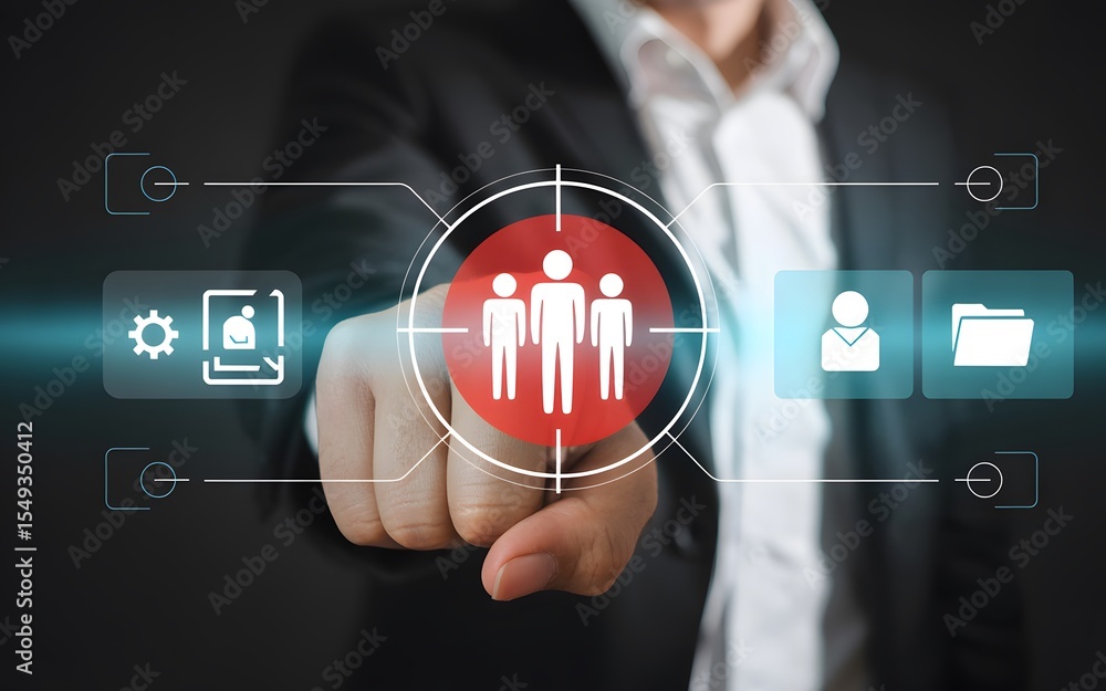 Poster businessperson activating a user interface targeting teamwork and human resources concepts for strat